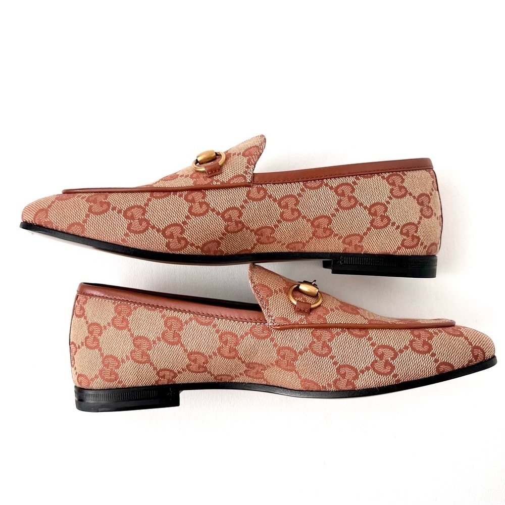 GUCCI || Jordaan Horsebit GG Monogram Canvas Loafer Flat Beige Rust Brown New 6 - Picture 7 of 13
